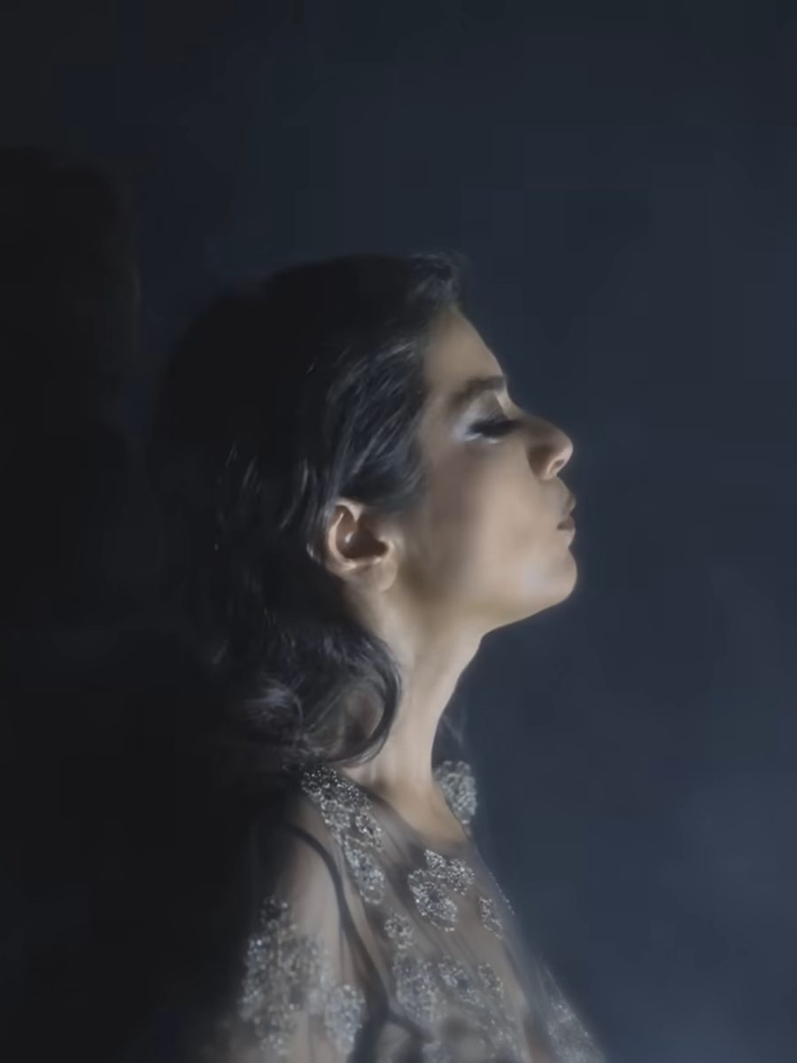 Profile of Devika in an embroidered dupatta, lit from one side.